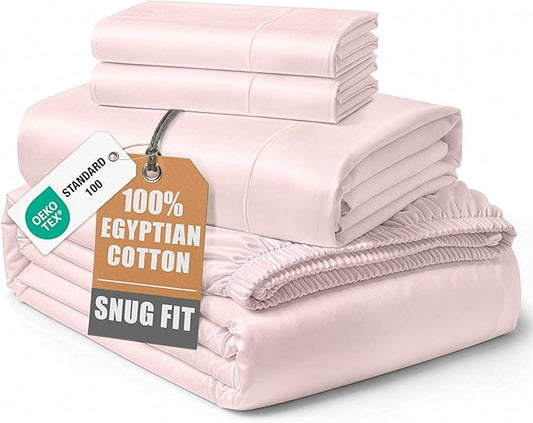 LANE LINEN 100% Egyptian Cotton Bed Sheets sábanas Queen, Soft & Comfy Luxury Hotel Like Thick Bedding Sheets & Pillowcase Set, Machine Wash Cooling 15'' Queen Deep Pocket Sheet Set - Petal Pink