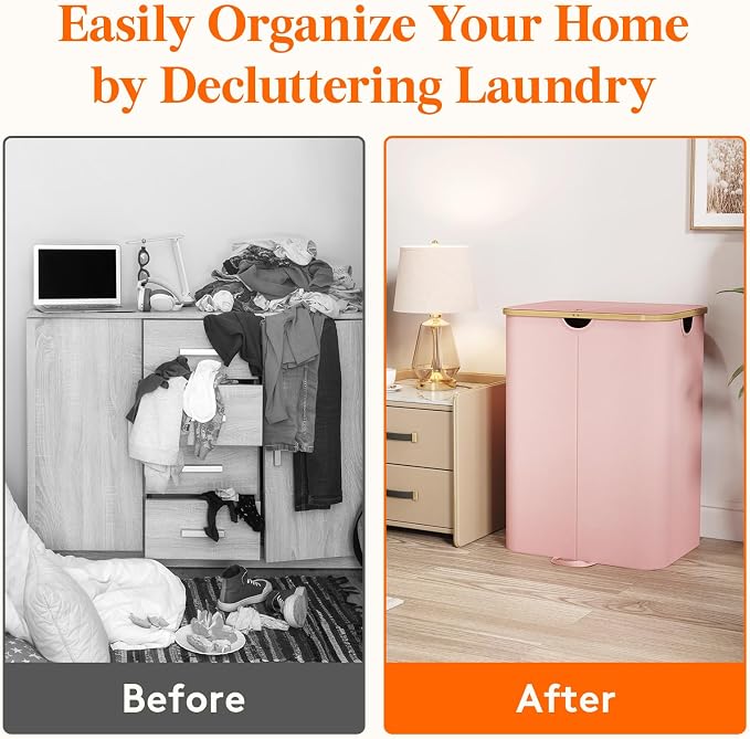 Lifewit 150L Double Laundry Hamper with Lid, Large Laundry Basket with Removable Bag & Bamboo Handles, Fodable Tall Dirty Clothes Hamper for Laundry Collapsible Bin for Bathroom Bedroom Dorm, Pink - Image 7