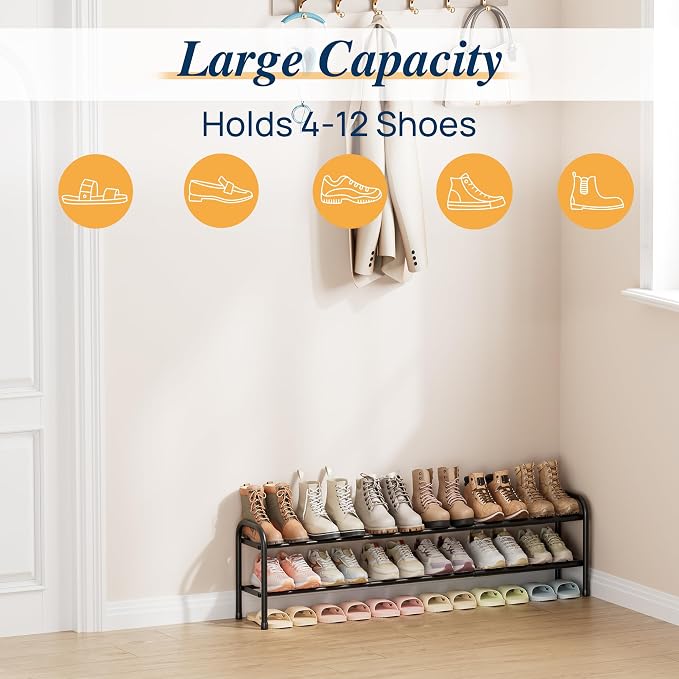 ENJOYBASICS 2 Tier Expandable Shoe Rack for Closet, Free Standing Metal Shoe Shelf Storage Organizer Holder 12 Pairs, Adjustable Width Shoe Rack for Entryway Small Space, Black - Image 4