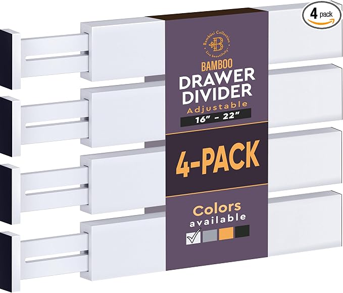 4-Pack Drawer Dividers - 2.6 Inches High, Adjustable 16 to 22 Inches Bamboo Drawer Organizer, Large Expandable Separator for Clothes, Dresser, Bedroom, Bathroom, Baby, Office, Kitchen Utensils, White by Bamb%C3%BCsi