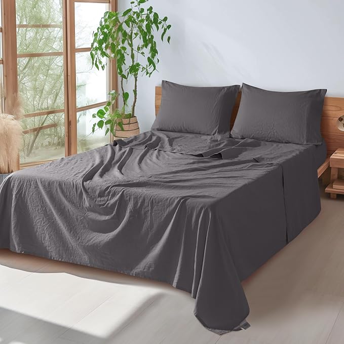 SONORO KATE 100% French Pure Linen Sheets, Breathable and Durable Linen Queen Size Sheets, Anti-Tear Linen Bed Sheets, Machine Washable, 16 Inch Deep Pocket - 4 Piece (Dark Grey, Queen)