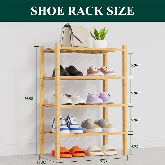 Smiry Shoe Rack, 4 Tier Thick Small Bamboo Shoe Organizer, Stackable Free Standing Wooden Shoe Storage Shelf for Closet, Entryway, Front Door Entrance, Natural - Image 2