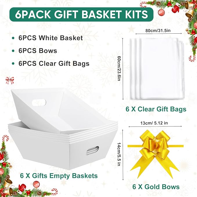AFOROEOA 6PACK Baskets For Gifts Empty, 10x12”Thick White Gift Basket with 6 Bows 6 Bags Empty Gift Baskets for Christmas, Valentine’s Day, Easter, Birthdays, Valentine’s Day Wrapping Gift - Image 3