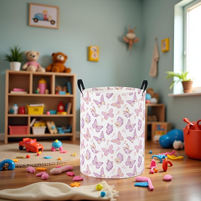 Baby Laundry Basket Baby Nursery Hamper Kids Laundry Basket Toy Storage Bin for Boys Room Decor Gift Baskets for Bedroom Bathroom(Purple Butterfly) - Image 5