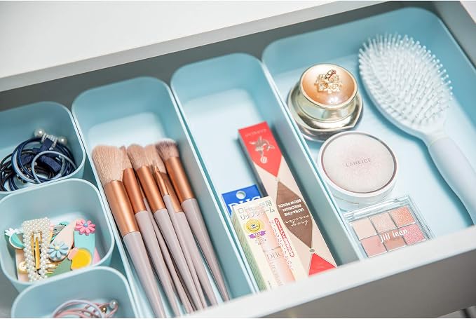 Backerysupply Set Of 12 Blue Color Plastic Desk Drawer Organizers For Makeup Bathroom Office Kitchen Vanity Drawer Storage Box Container - Image 3