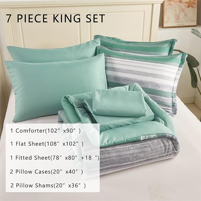 KAKIJUMN 7 Piece Bed in a Bag Stripe Comforter Set King Size, White Grey Sage Green Patchwork Striped Comforter and Sheet Set, All Season Soft Microfiber Complete Bedding Sets(Green,King)