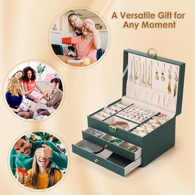 coobest 3 Layer Jewelry Box, Jewelry Holder Organizer with 2 Drawer Tray, Large boxes for Women Velvet Earring Organizer, Lockable & Organizers, Birthday Gifts for Women Mom, Green - Image 8
