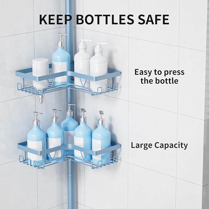 KEGII Shower Caddy Tension Pole, 4-Tier Rustproof Adjustable Corner Bathroom Organizer for Renters, 25–114.2 Inch No Drill Space-Saving Shower Storage Rack, Blue - Image 4
