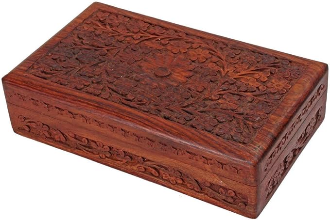 Ajuny Wooden Handcarved Decorative Jewelry Storage Box Flower Design Multipurpose Treasure Chest Keepsake Organizer Necklaces Watch Boxes Great for Gifts 10x6 Inch - Image 7