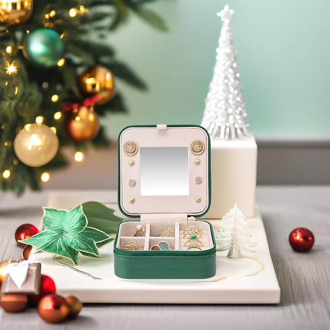 Vlando Small Travel Jewelry Box Organizer - Mirrored Jewelries Necklaces Rings Earrings Necklace Storage Case, Dark Green - Image 6
