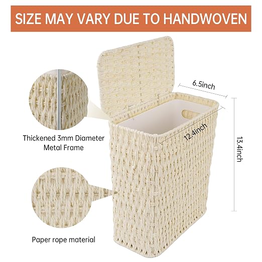 Coeusy 3 Gallon Paper Rope Bathroom Trash Can,Small Wicker Trash Cans with Lid and Liner,Woven Rattan Narrow Waste Basket for Bedroom,Office,White - Image 3