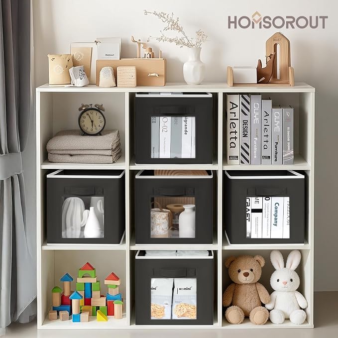 Homsorout Foldable Storage Cubes - Square Organizer with Window, Decorative Baskets for Organizing, Fabric shelf Basket for Clothes, 11 Inch Closet Storage Cubes, Set of 16, Black - Image 3