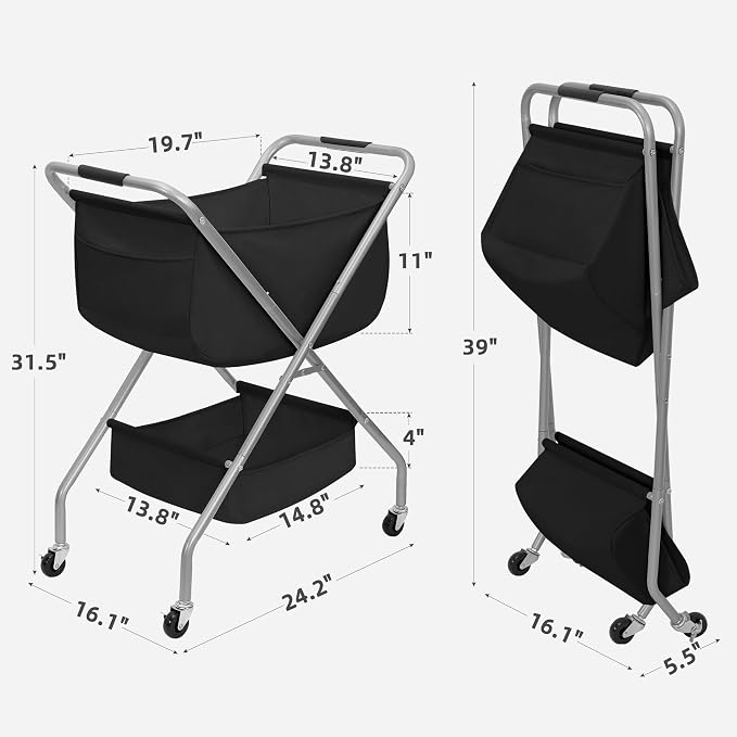 STORAGE MANIAC Collapsible Laundry Cart with Wheels 31.5"H Rolling Laundry Hamper Clothes Basket with Wheels, Canvas Liner Sturdy Steel Frame Folding for Small Narrow Space Easy Storage, Black - Image 2