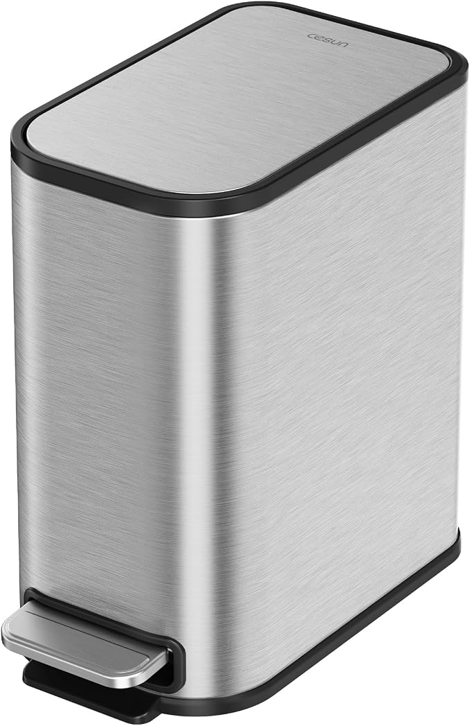 Cesun Small Bathroom Trash Can with Lid Soft Close, Step Pedal, 5 Liter / 1.3 Gallon Stainless Steel Garbage Can with Removable Inner Bucket, Waste Basket for Bathroom, Bedroom (Silver) by Cesun