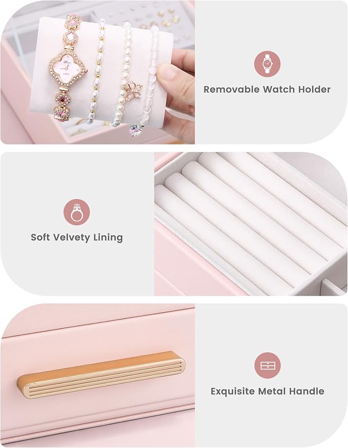 Lolalet 2-Layer Jewelry Box Organizer for Women Girls, Jewelry Storage Case Holder with Drawers for Necklaces Ring Earrings Bracelet Watch, Gifts Choice for Mom Mother’s Day -Pink - Image 5