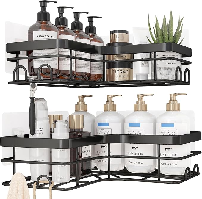 Sakugi Corner Shower Caddy - 2 Pack, Adhesive Shower Organizers, Rustproof Stainless Steel Shower Shelves with 8 Hooks, No Drilling Bathroom Organizers and Storage Racks, Space-Saving, Black, X-Large - Image 3