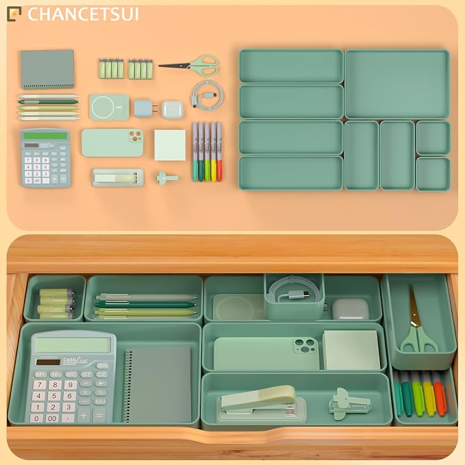 CHANCETSUI 9 Pcs Stackable Drawer Organizer Trays Set, Green, Multifunctional Storage for Vanity, Bathroom, Kitchen, Desk Drawer Organizer Office, PET Plastic - Image 4