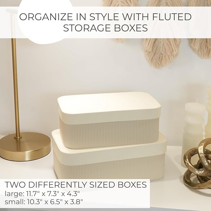 Decorative Storage Boxes with Lids – Set of 2 Beautiful Fluted Cardboard Organizer Bins for Your Home Bookshelf Decor to Safely Store Your Documents, Memory Box Items and Other Keepsakes in Style - Image 4
