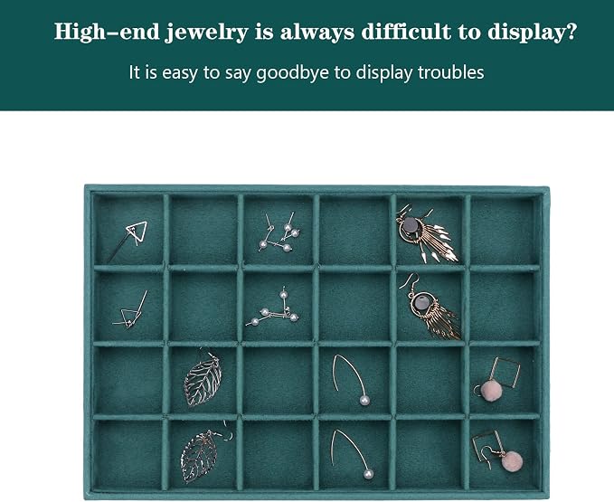 Large Velvet Jewelry Tray, Drawer Organizer for Jewelry in Dresser, Stackable Jewelry Drawer Organizer Inserts for Earring Necklace Bracelet Rings(Green,24grid) - Image 4