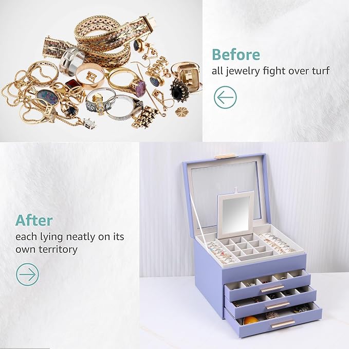 BOOVO Clear Lid Jewelry Box,4 Layers Jewelry Organizer Large Jewelry Storage Box with 3 Drawers,Jewelry Holder Organzier of Rings Earrings Necklace Bracelets for Women (Purple, 4 Layer) - Image 6