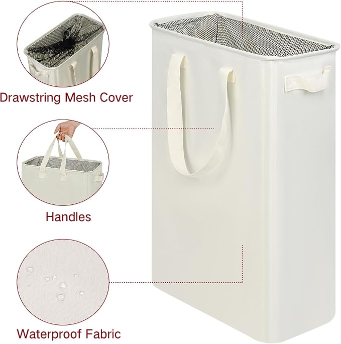 efluky Slim Laundry Basket, Narrow Laundry Hamper with Handles, Collapsible Dirty Clothes Hamper, Tall Laundry Bin for Laundry Room, Dorm and Bedroom, 19.8 Gallon (75L) Beige - Image 3