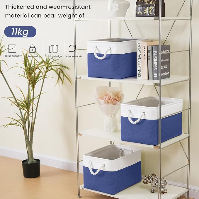 Large Storage Baskets- 15x11x10 inch Storage Bins for Shelves and Closet Organizing, Foldable Fabric Bin for Home Organization Clothes and Laundry (6-Pack, White&Blue) - Image 3