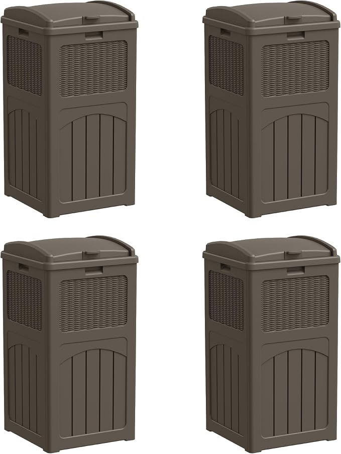 Greesum 33 Gallon Outdoor Trash Can with Lid, Waterproof Resin Garbage Bin for Hideaway, Deck, Patio, 4 Pack, Dark Brown by BuynowfromGreesum