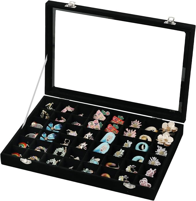 Frebeauty 48 Grid Jewelry Tray,Adjustable Earring Holder Organizer with Glass Lid,Velvet Drawer Jewelry Organizer for Rings,Studs,13.8 x 9.5 x 2 Inches Jewelry Display Box,Gift for Women(Black) by Frebeauty