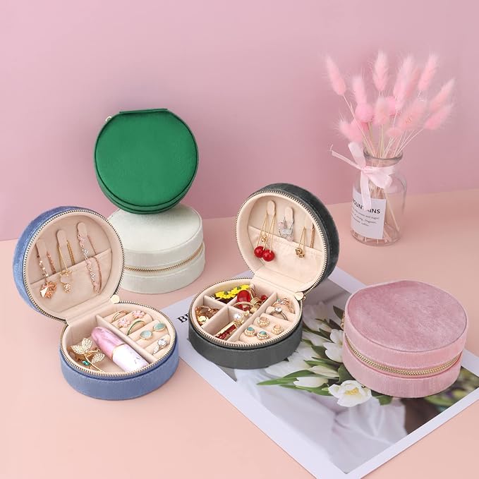 DesignSter Travel Jewelry Box - Velvet Mini Jewelry Organizer, Small Jewelry Case for Girls Women, Jewelry Storage Box for Rings Earrings Necklace (Circular, Lotus Pink) - Image 7