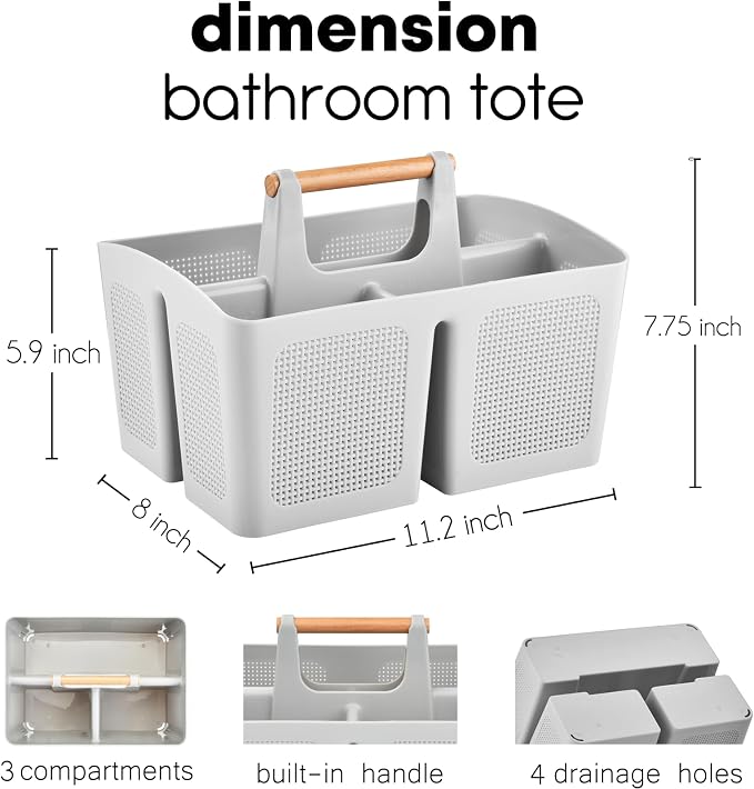 ALINK Portable Shower Caddy Basket with Compartments, Plastic Divided Cleaning Caddy Organizer Storage Tote with Handle for Bathroom, College, Dorm Room Essentials, Light Gray - Image 2