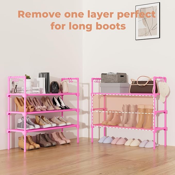 LANTEFUL 3 Tier Shoe Rack for Closet, Shoe Organizer with 5 Hooks, Long Shoe Shelf Storage for Shoe and Boot Stackable Free Standing Shoe Rack for Entryway, Garage, Small Spaces, Dorm, Pink - Image 5