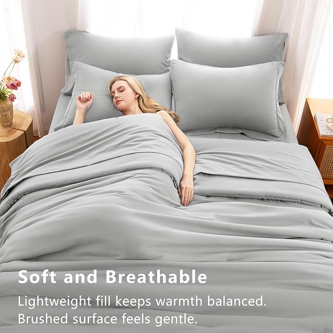 CozyLux Queen Comforter Set Light Grey, 7 Pieces Bed in a Bag Queen Comforter Set with Sheets, Light Gray Luxury Bed Sets with Down Alternative Comforter, Fitted Sheet, Flat Sheet, Pillowcases & Shams