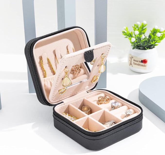 KElofoN Travel jewelry case Travel jewelry box Travel Jewelry Organizer Small Jewelry Organizer Box Gift for Girls Women with Mirror(Black) - Image 6