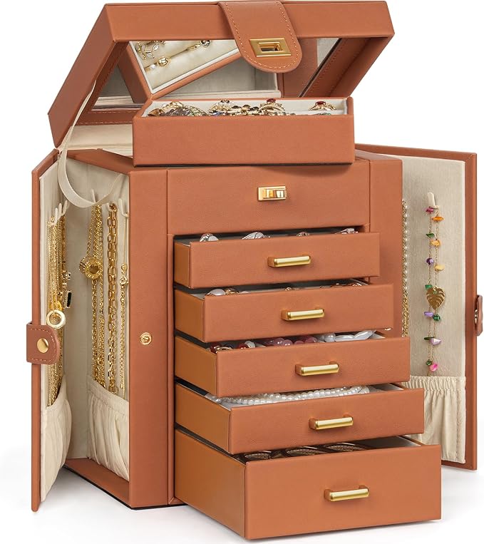 AKOZLIN Jewelry Box Organizer Functional Leather Jewelry Storage Case for Women Girls Ring Necklace Earring Bracelet Holder Organizer with Mirror - Image 2