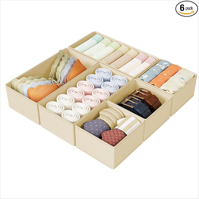 DIMJ Drawer Organizers Clothes, Set of 6 Dresser Organizer Bins, Fabric Closet Organizers and Storage, Shallow Drawer Dividers for Nursery, Clothing, Baby Clothes, Socks, Underwears, Tie (Beige) by DiMJ