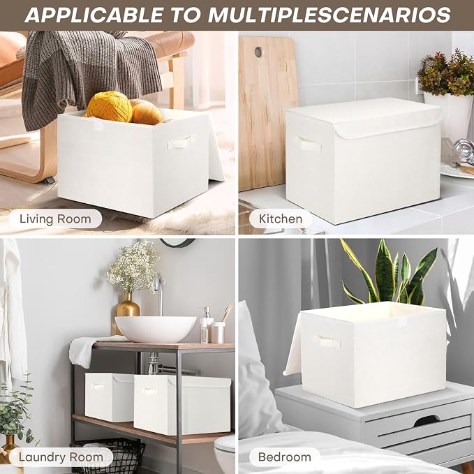 Bagnizer Large 17" 42 Quarts Collapsible Stackable Storage Bins with Lids [3-Pack] Foldable Fabric Linen Storage Boxes Cube, Closet Organizer Baskets with Label (16.7 x 12 x 12, White) - Image 8
