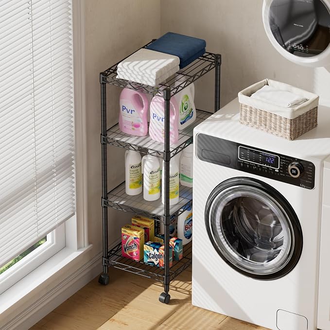 SINGAYE 4 Small Shelves Storage Shelf Wire Shelving Unit Metal Shelf Adjustable Organizers Storage Shelving with Wheels for Bathroom Laundry Room Kitchen Pantry11.5”D x 17.3”W x 44.5”H Black - Image 2