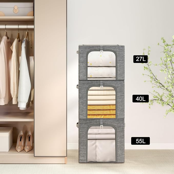 GoMaihe Clothes Storage Bins Metal Frame: 3-Pack Compact Stackable Closet Storage Bin with Lid & Clear Window, Space Saving Organizer for Sweaters Kids Clothes (Dorm/Closet 27L) - Image 8