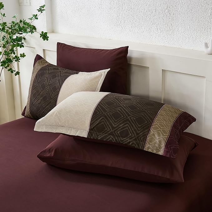 Dinjoy Burgundy King Size Comforter Set,Striped Boho Bed in a Bag King 7 Pieces Soft Fall Bedding Comforters Sets wiht Sheets Microfiber Complete Bed Sets for All Season