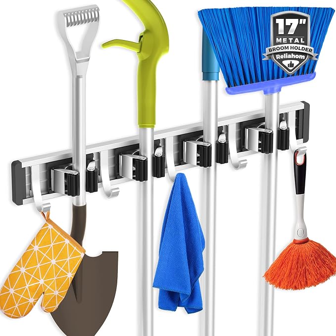 reliahom Broom Holder Wall Mount, 4 Racks with 5 Hooks Black - Mop Storage Tool Racks, Broom Hanger Tool Organizer for Garage, Kitchen, Garden, Laundry Room by reliahom