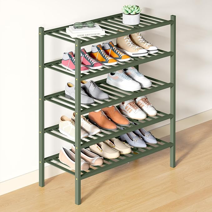 Smiry Bamboo Shoe Rack for Closet, 5 Tier Wooden Stackable Shoe Organizer, Free Standing Shoes Storage Shelf for Entryway, Front Door Entrance, Green by Smiry