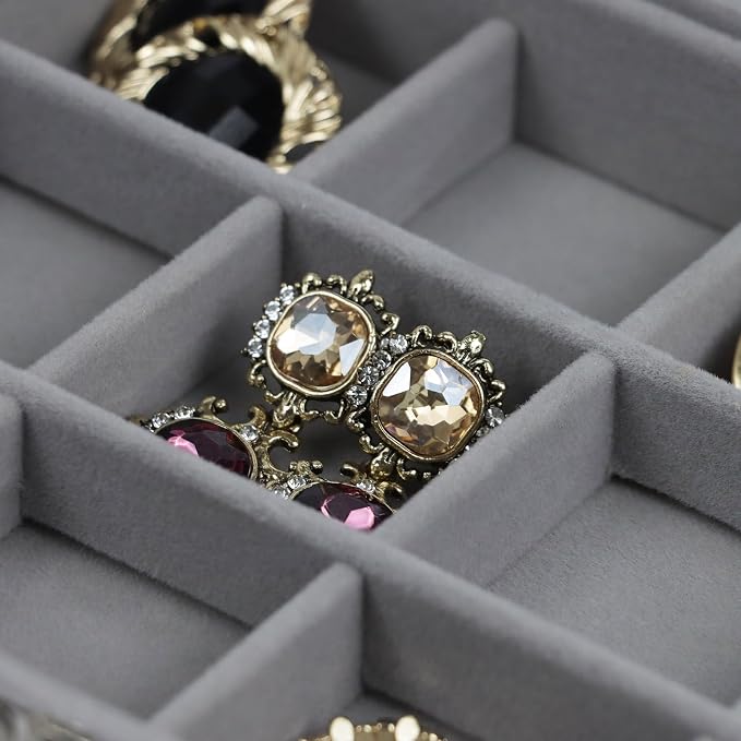 Fordonral Velvet Jewelry Organizer Box, Jewelry Drawer Organizers Trays, Earring Ring Necklace Holder Display Case (Gray, 12 Grid Box) - Image 7