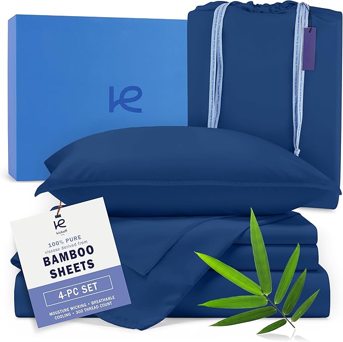 Kickoff Viscose Bamboo Sheets California King Size 4-pc 100% Organic Bamboo Viscose Bed Cooling Sheets Cal King Set Cool Bedding for hot Sleepers Sheet, Flat, Fitted, Pillowcases (Dark Blue, CK)