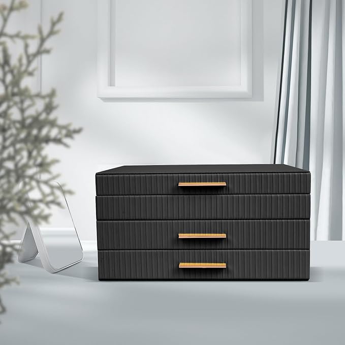 Dajasan Jewelry Box Organizer, 3-Tier Jewelry Storage with 2 Drawers, Large Jewelry Boxes for Women, PU Leather Surface with Texture, Gift Idea, Modern Style, 10.71 x 7 x 5.6 Inches (Black) - Image 5