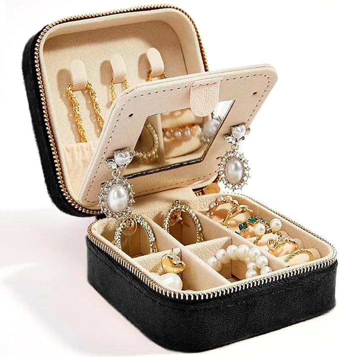 Travel Velvet Jewelry Box with Mirror, Mini Gifts Case for Women Girls, Small Portable Organizer Boxes for Rings Earrings Necklaces Bracelets (Black) by SMILESHE