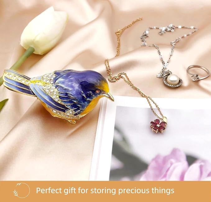 Starling Bird Trinket Boxes Hinged with Crystals Enameled Jewelry Box.Bird Lover Gifts for Women.Necklace Ring Box Earrings Storage.Collectible Bird Figurines Home Decor -Blue Yellow. - Image 2