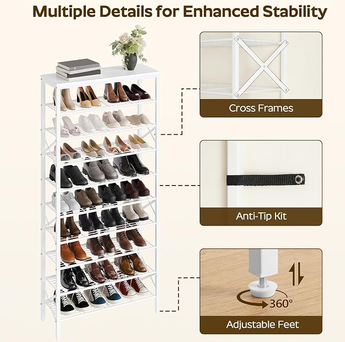 YATINEY 10 Tier Shoe Rack, Large Capacity Shoe Storage Organizer Holds 40 Pairs, Sturdy and Stable, for Entryway, Hallway, Closet, Dorm Room, White SS10WW - Image 5