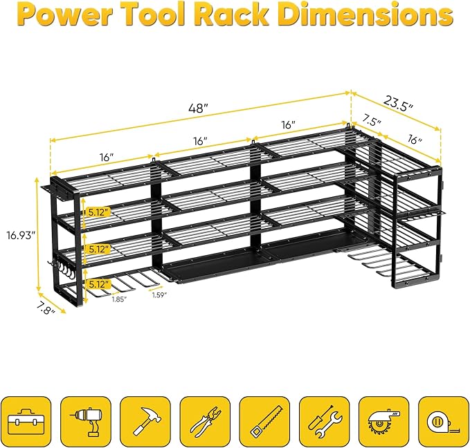 POKIPO Extra Large 64" W Power Tool Organizer Wall Mount, 1000 lbs Load Capacity, Heavy Duty 4 Tier Garage Storage Rack with 8 Drill Holders, 2 in 1 Corner or Straight Installation - Image 7