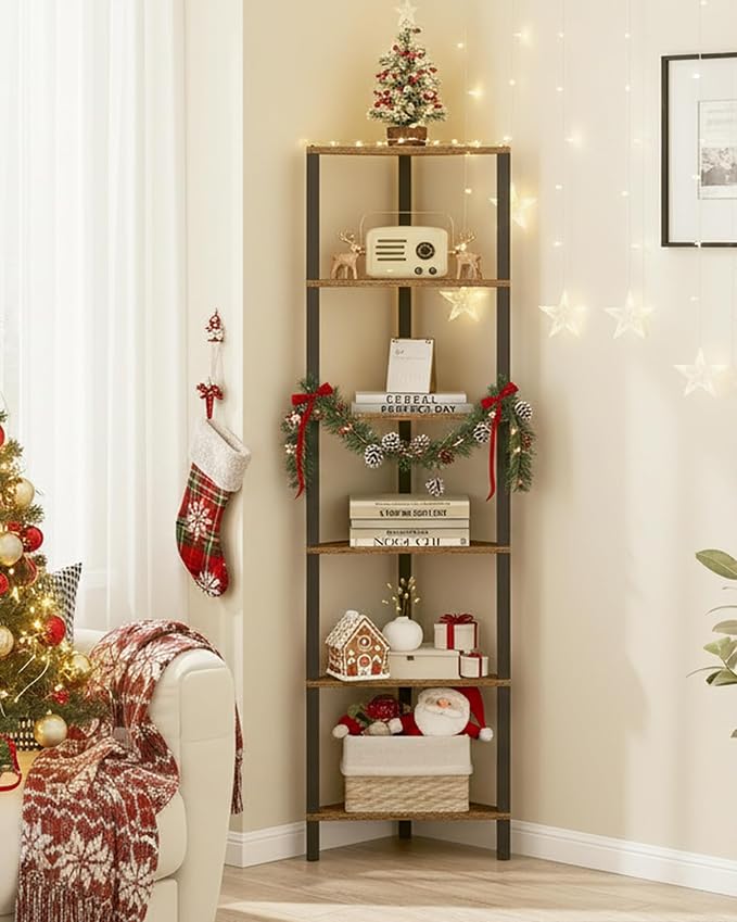 TUTOTAK Corner Shelf, 6-Tier Corner Bookshelf for Small Space, Narrow Display Corner Shelf Stand with Storage Rack, for Living Room, Bedroom, Rustic Brown BS05BB006 - Image 7