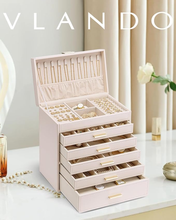 VLANDO 6 Layer Large Jewelry Box - Jewelry Holder Organizer, Jewelry Box Organizer for Drawer Necklace Ring Bracelet and Watch, Birthday Gift for Loved Ones - Pink - Image 2